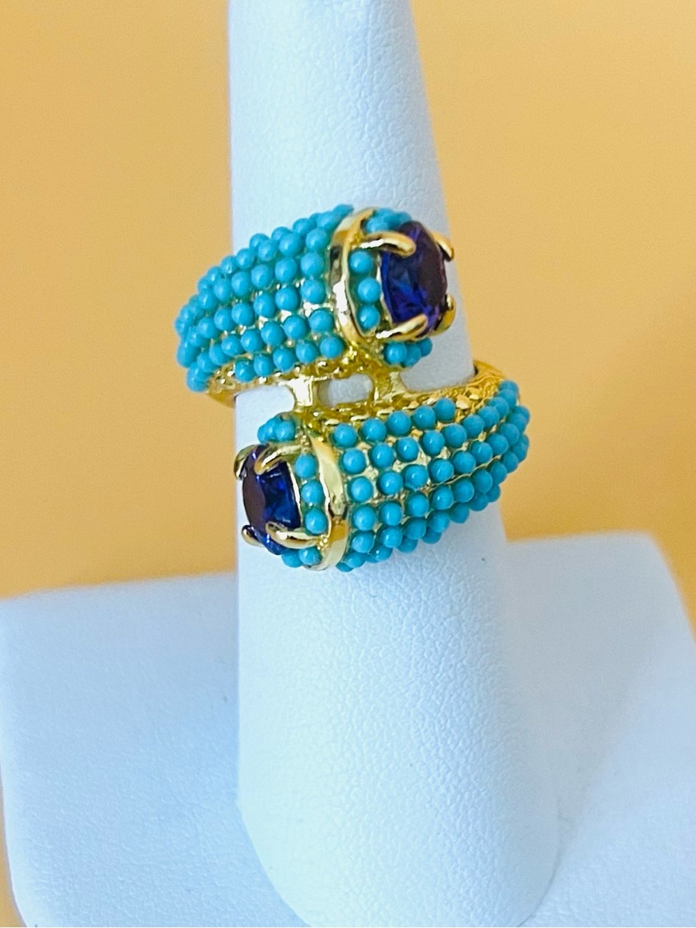 Gold plated twisted Purple CZ and turquoise beads ring various size
